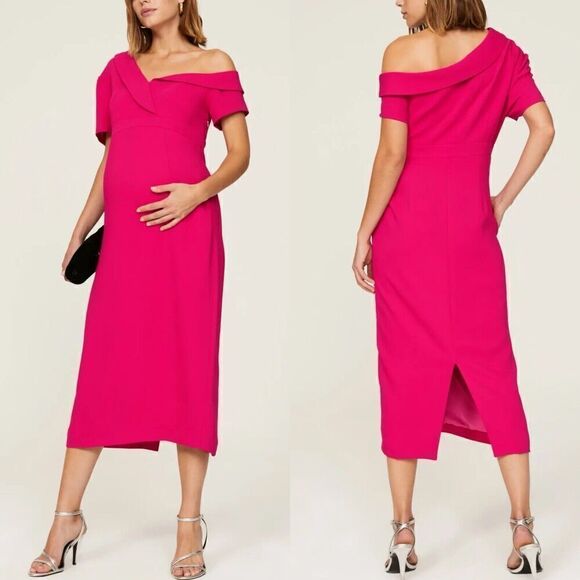 EMILIA GEORGE Maternity Dress Womens Small Fuschia Pink Midi Lauren Off Shoulder - Picture 1 of 14